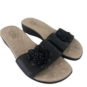 Malu Super Comfort Sz 10 41 Black Appliqué Pebbled‎ Leather Flower Slide Sandals